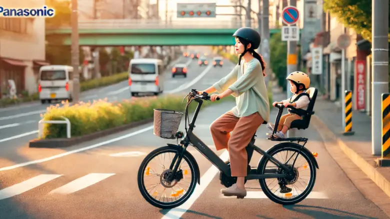 日本人の20代母親が子供を乗せて20インチのパナソニック製電動自転車に乗る姿