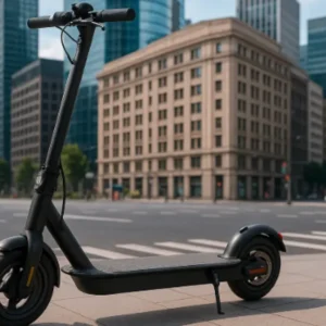 都会の街並みに停車している電動キックボード、リミッターカットの可能性を示唆するシーン