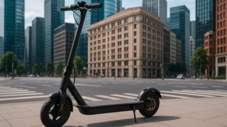 都会の街並みに停車している電動キックボード、リミッターカットの可能性を示唆するシーン