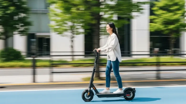 LUUP電動キックボードの最高速度と料金解説 夕暮れの街でポートに停車しているLUUPの電動キックボード。その最高速度や料金について解説する記事のアイキャッチ画像。