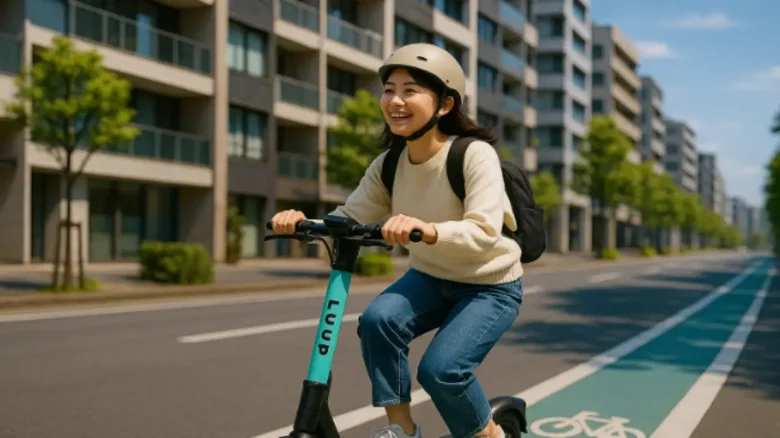 LUUPの電動キックボードに乗って日本の都市を走行する若い女性