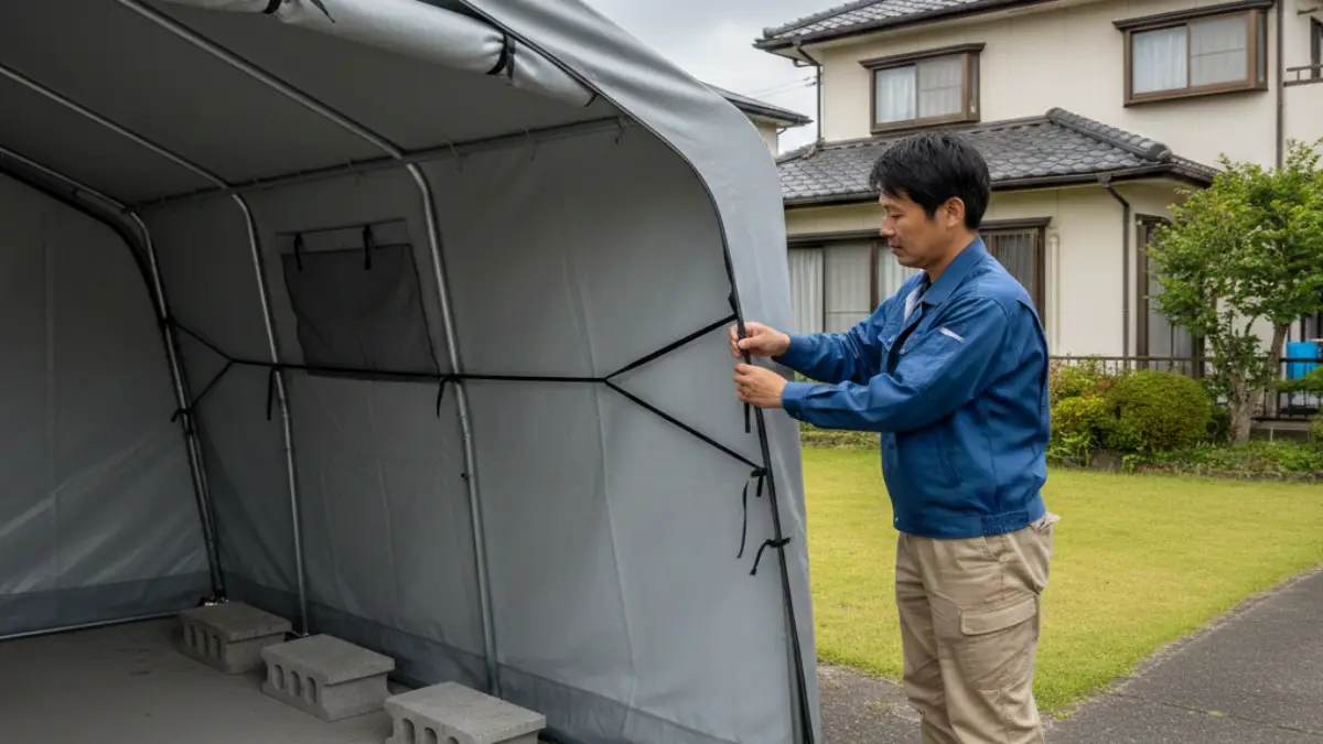 サイクルハウス 固定方法ブロック活用術！台風にも負けない設置法とは