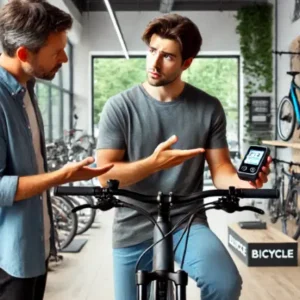 電動自転車のエラーコードについて自転車ショップの店員に相談する男性