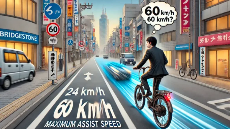 電動自転車が時速60kmで走れるという誤解に対して、24km/h制限の現実を示すイラスト