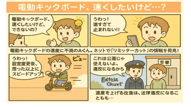 電動キックボード改造の流れを解説する4コマ漫画