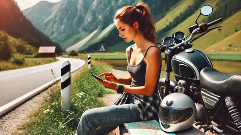 山の中でスマホナビを操作するヘルメット姿の女性バイクライダー