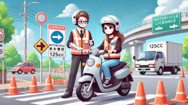 原付二種一発試験に備えてバイク教習を受ける20代女性