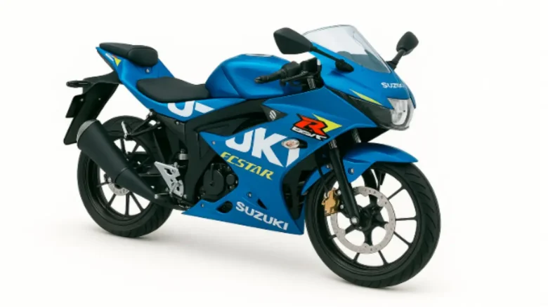 GSX-R125を買って後悔した人のイメージ画像。青いスポーツバイクが白背景に配置されている"