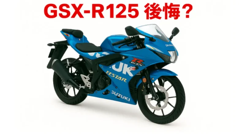 Suzuki GSX-R125 parked on a white background with red Japanese title text "GSX-R125 後悔?" above the bike
