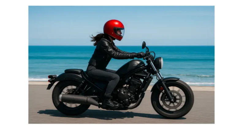 海沿いの道を走るホンダレブル250に乗る女性ライダー