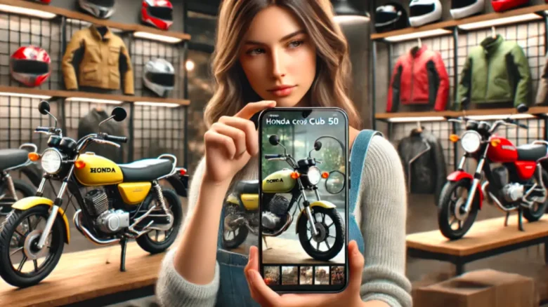 20代女性がバイクショップでSSDを拡大で探しながら、クロスカブ50の人気カラーをチェックしている様子。