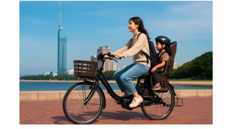 20代の母親が子供を後ろに乗せて福岡タワーの前を走行している電動自転車の写真