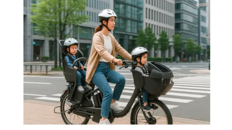 A young mother riding an electric bicycle with two children in child seats through a cityscape, all wearing helmets for safety