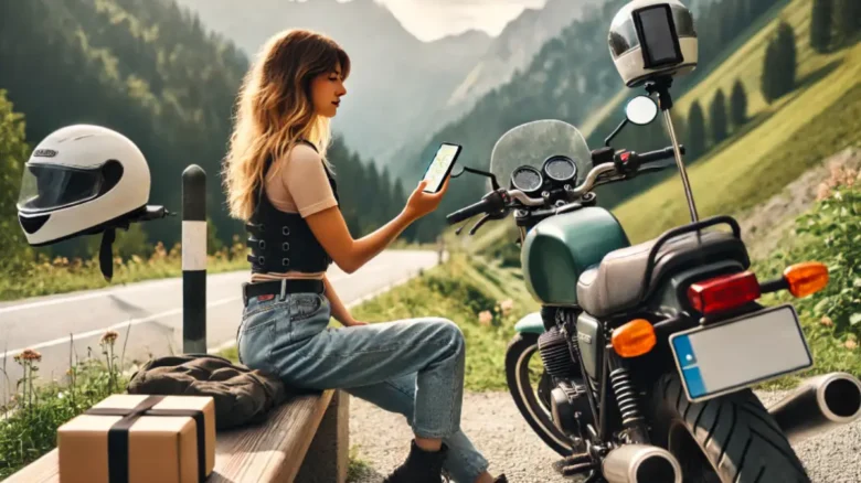 バイクを停めてスマホでマップを見る20代女性ライダー