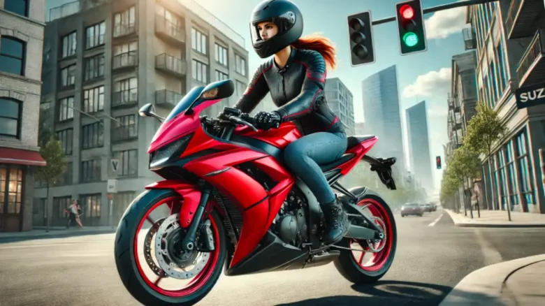 赤いGSX-R125風のバイクに乗って街を走るヘルメット姿の20代女性