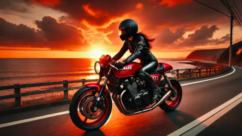 夕焼けの海沿いの道路を赤いXJR400で走る20代の女性ライダー。黒髪がなびき、ヘルメットとライダースーツを着用している。