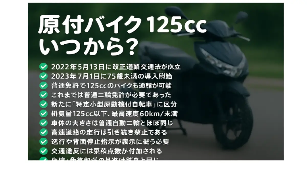 125ccバイクの背景に「原付バイク25ccいつから？」と書かれた日本語丸文字の白文字タイトルが中央に配置されたイメージ画像