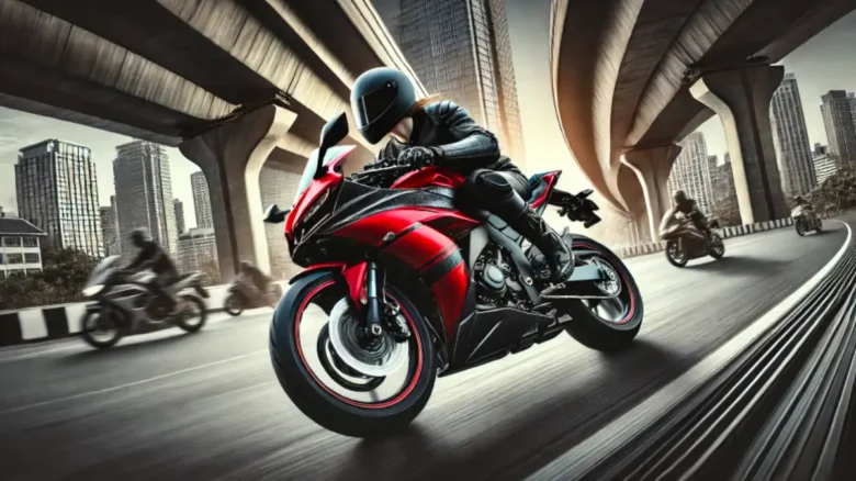 市街地を走る赤と黒のスポーツバイクYZF-R25に乗る女性ライダー