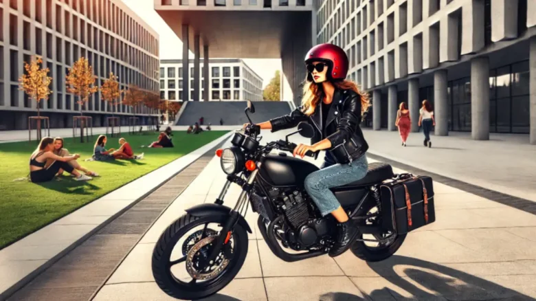 モダンな大学キャンパスを黒のHonda Rebel 250で走行する赤いヘルメットの女性ライダー