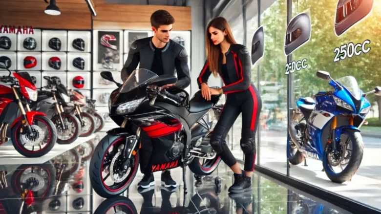 YZF-R25 ヘッドライト両目点灯サイト20代の男女がライダースーツを着て、バイクショップで250ccのヤマハバイクを見ている様子