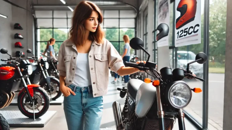 バイクショップで125ccバイクを見ている20代女性の写真