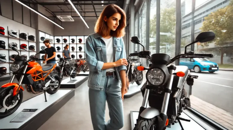 バイクショップで125ccバイクを見つめるジーンズ姿の20代女性