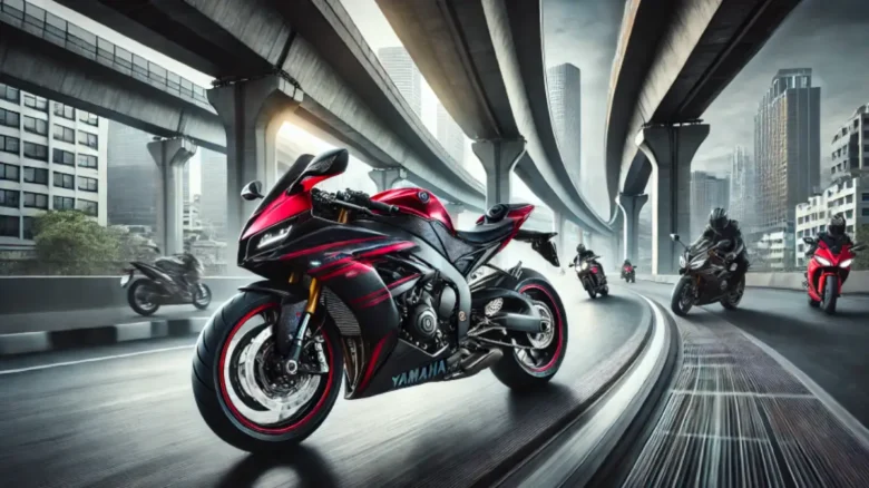 都市高速を走行する赤黒のYZF-R25風スポーツバイクとライダーたち