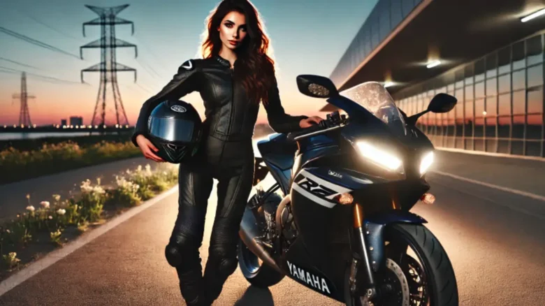 赤いライダースーツを着た20代女性ライダーが、ヘッドライトを両目点灯させたYZF-R25の隣に立っている様子