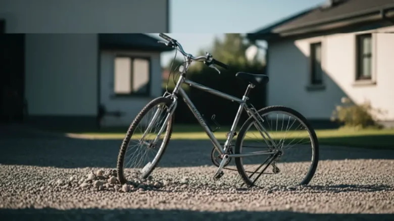 緩い砂利の地面にスタンドがめり込み、不安定に傾いている自転車のクローズアップ。