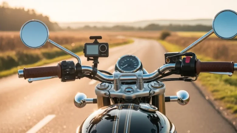 「バイクのハンドルに取り付けられたドライブレコーダーの画像。バイクドラレコは意味がないという記事のアイキャッチ画像。」