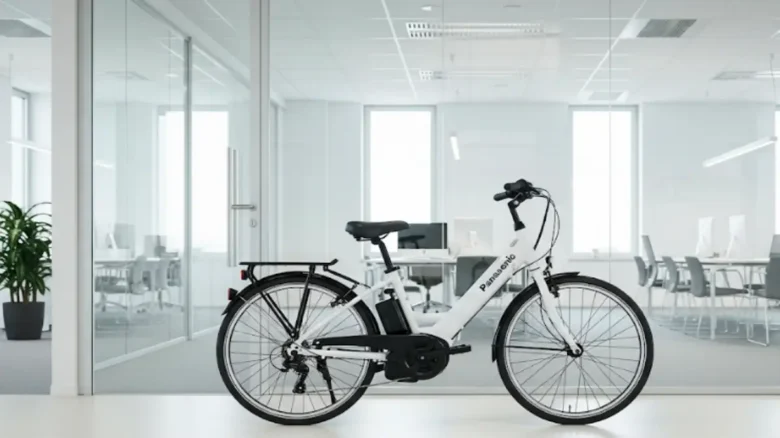 モダンなオフィス内に展示された白色のパナソニック電動アシスト自転車「ハリヤ」。