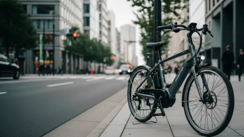 都会の街並みを背景に置かれたパナソニックの電動アシスト自転車「ハリヤ」