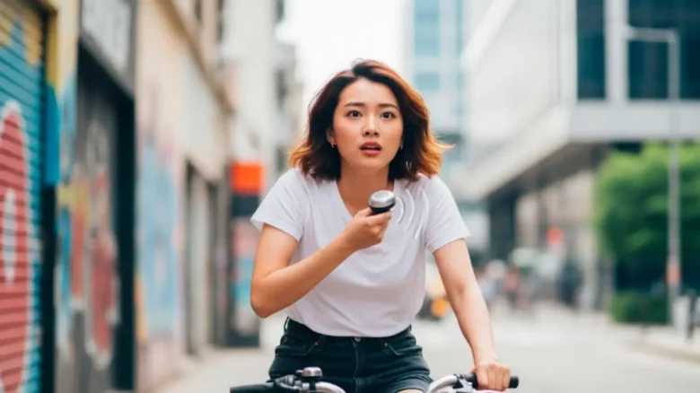 A 20-something East Asian woman with a concerned expression, urgently ringing her bicycle bell in a busy urban street due to perceived danger.
