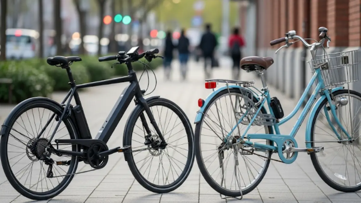 15km 自転車通勤 電動アシストとママチャリ比較 15km 自転車通勤における電動アシスト自転車とママチャリの違いを比較したイメージ画像。両方の自転車が並んで配置されている様子