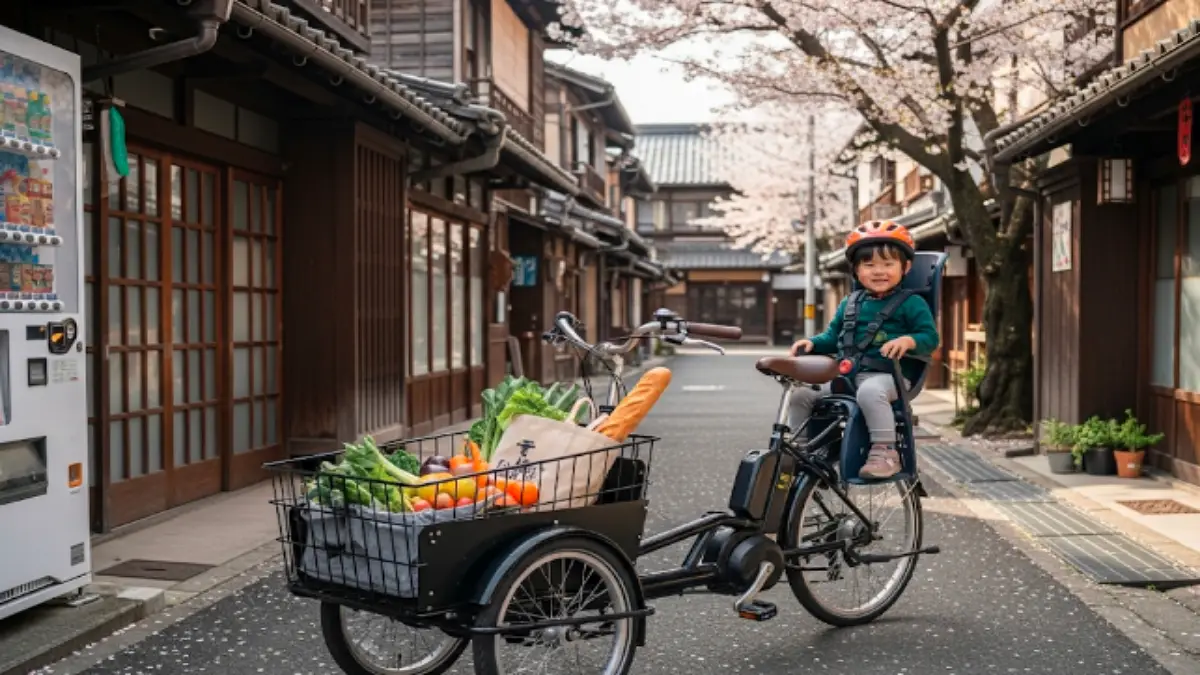 カーゴバイクで買い物ギフトと子どもを運ぶシーン