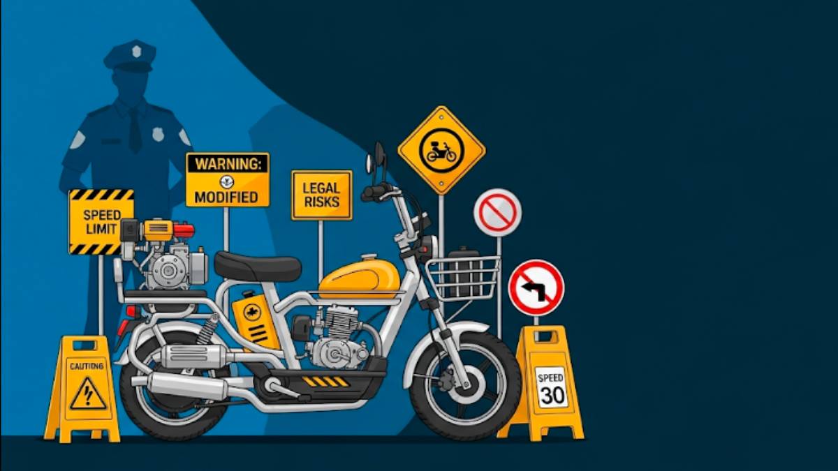 モペット改造と法律リスクを示す警告イラスト