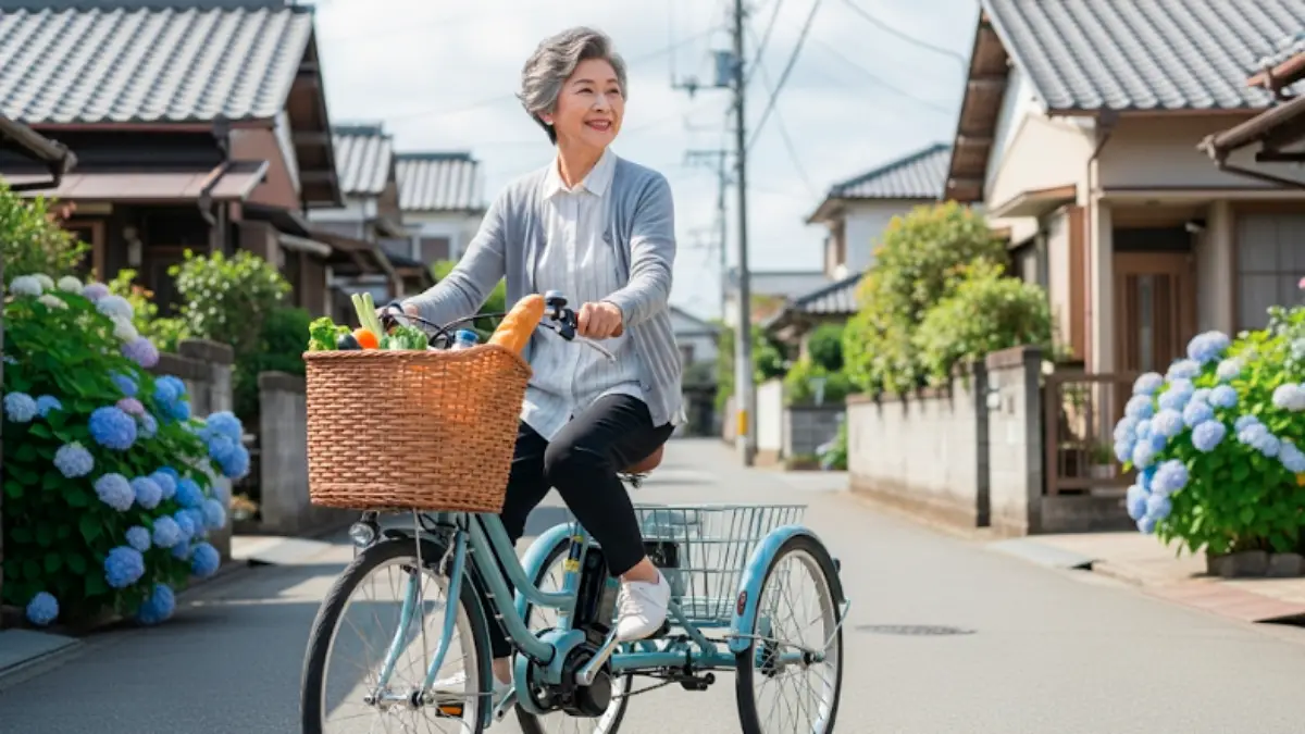 高齢者向け三輪電動アシスト自転車に乗る女性
