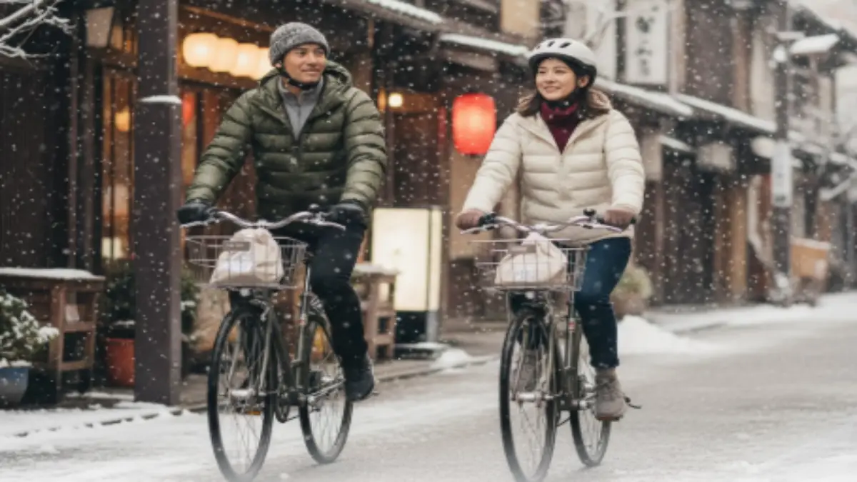 ユニクロの防風アウターとフリースを着て街を走る男女サイクリスト。冬の通勤にも快適なカジュアルスタイル。