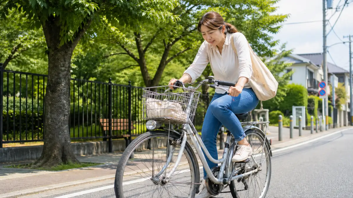 自転車に乗ると疲れる原因を示す日本人女性のイメージ