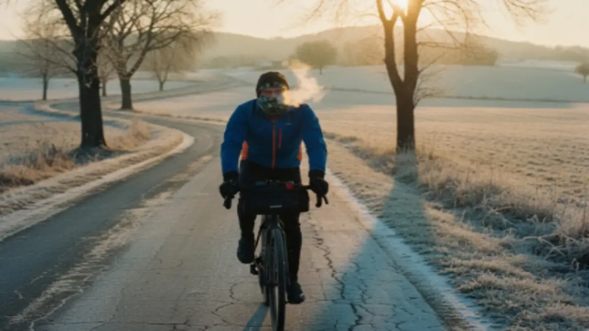 冬の朝、朝焼けの中を走るサイクリスト。レイヤリングで防寒した冬の自転車旅の様子。