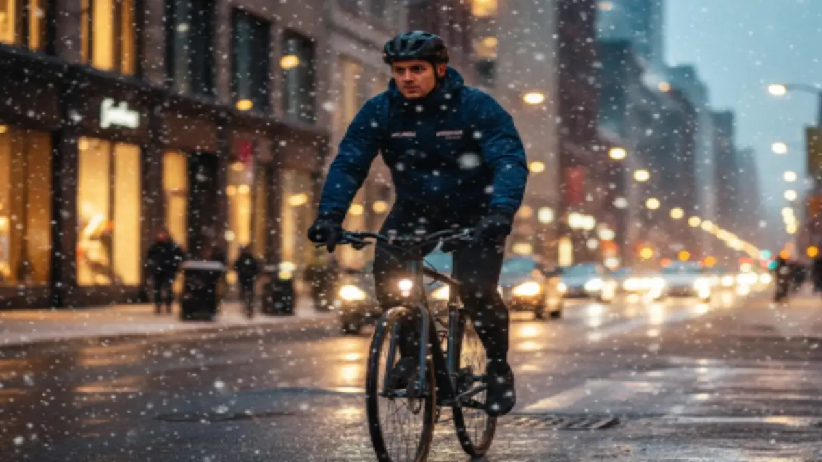 ワークマンのイージスジャケットを着て雪の街を走るサイクリスト。防風防水仕様で冬の自転車旅を快適にする。