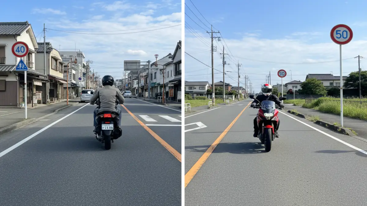 125ccバイクと制限速度標識の関係 125cc バイク法定速度より標識が優先される一般道の制限速度標識と走行イメージ