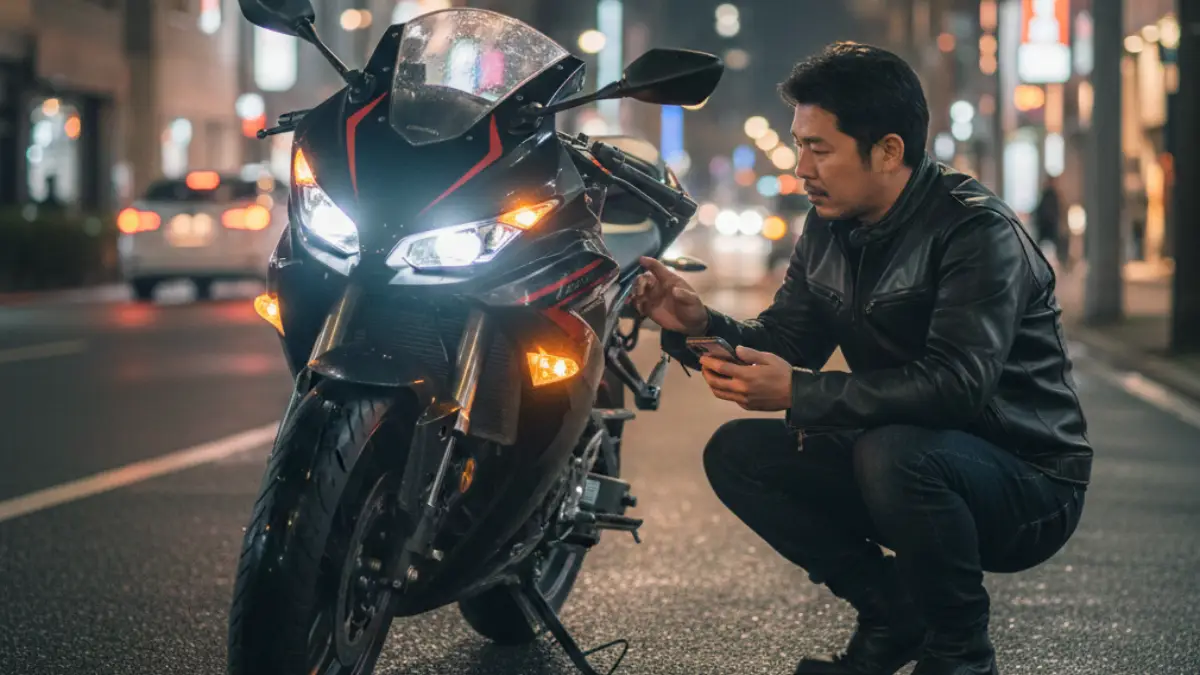 夜間に125cc海外モデルのヘッドライトとウインカーを点灯し確認する男性
