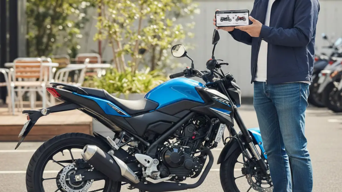 スマホで情報を比較しながら125cc海外モデルを検討する男性