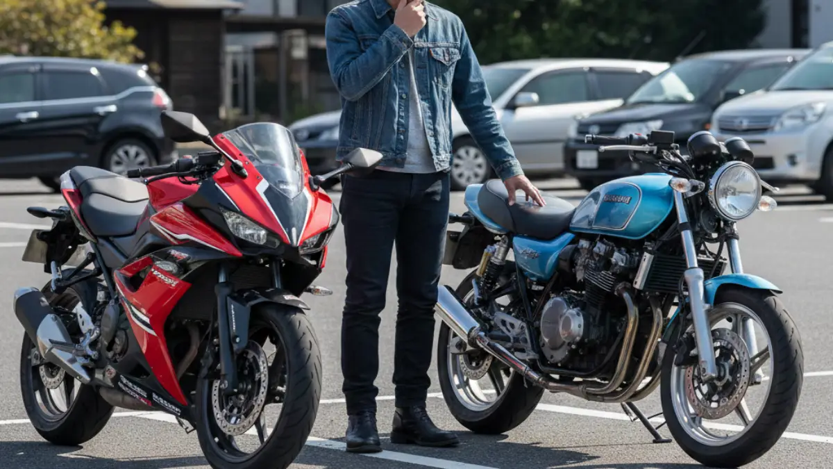 海外125ccバイクと国産125ccバイクを並べて比較している男性