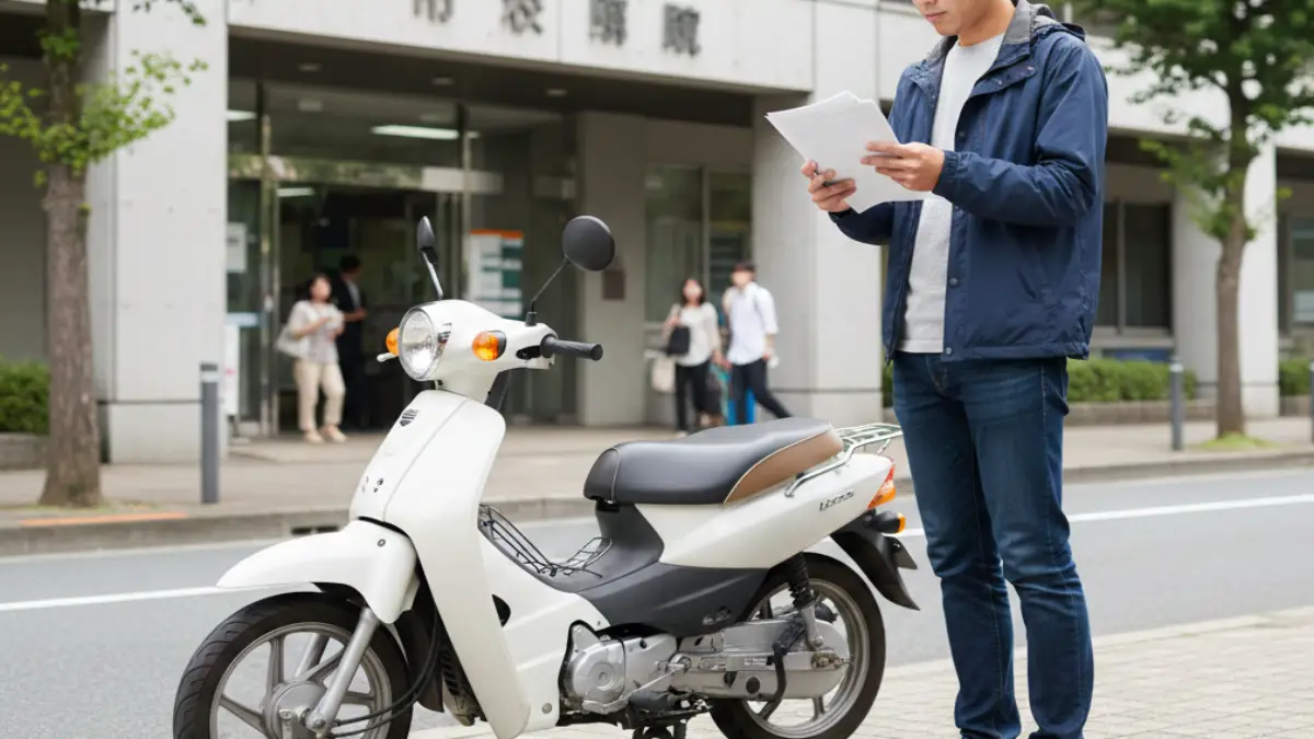 役所前で125cc海外モデルの登録書類を確認する男性とバイク