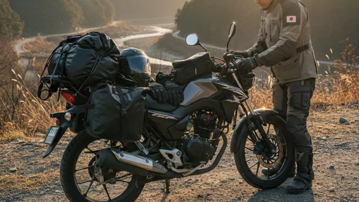 125ccバイクにツーリング装備を積載して出発準備をするイメージ