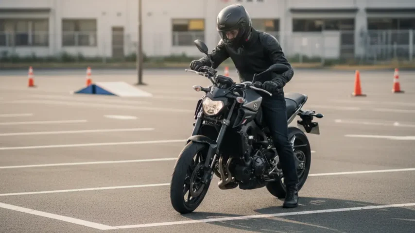 日本人ライダーが停車状態でバイクのギアチェンジ操作を確認している様子