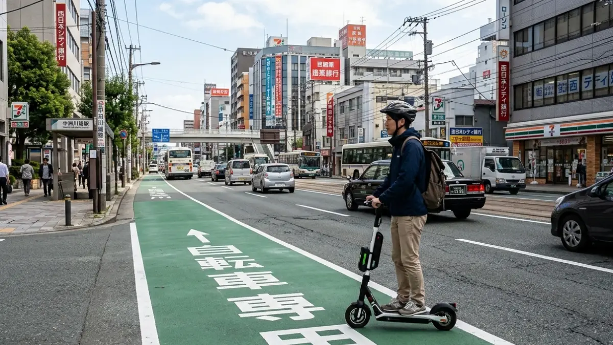 専用通行帯の進行方向を確認 自転車専用通行帯の路面矢印に沿って特定小型原付が進行方向を守って走行する場面