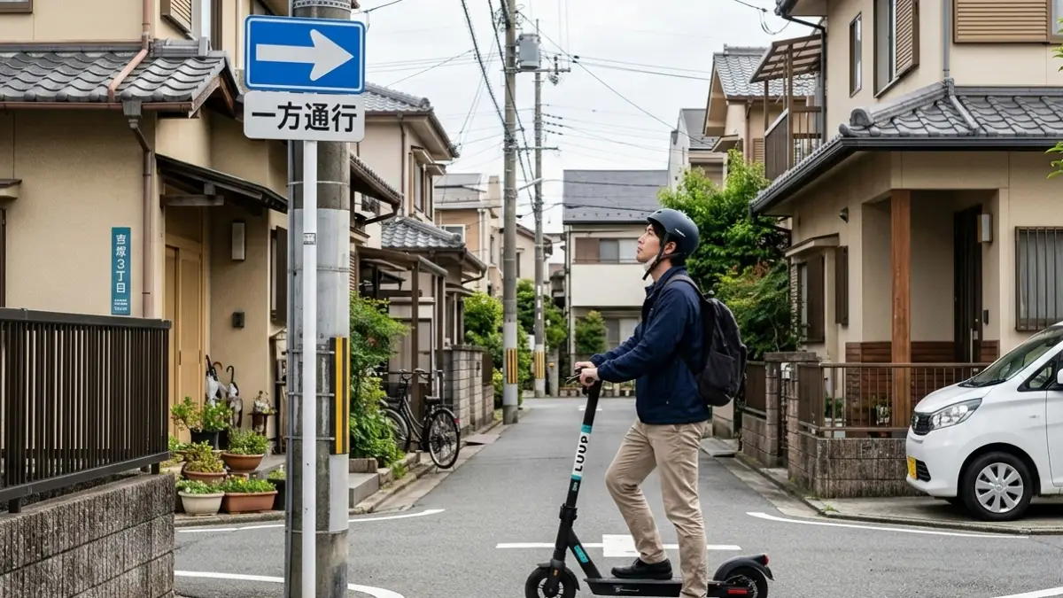 一方通行標識を確認する特定小型原付 特定小型原付の利用者が一方通行標識を確認して進入可否を判断する場面